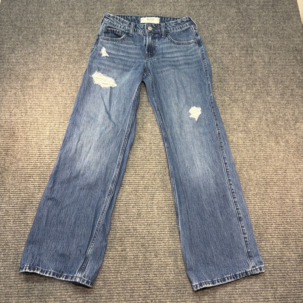 Hollister Low-Rise Baggy Distressed Jeans W24 00R Medium Wash Wide Leg Denim